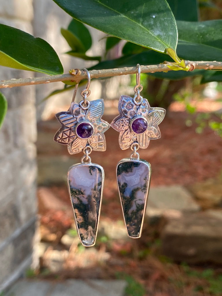 Petal series - earrings: Hand crafted, one of a kind, Amythyst and Moss Agate earrings